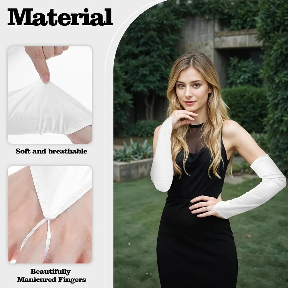 Women's Fingerless White Long Satin Gloves Elbow Length Design Party Prom